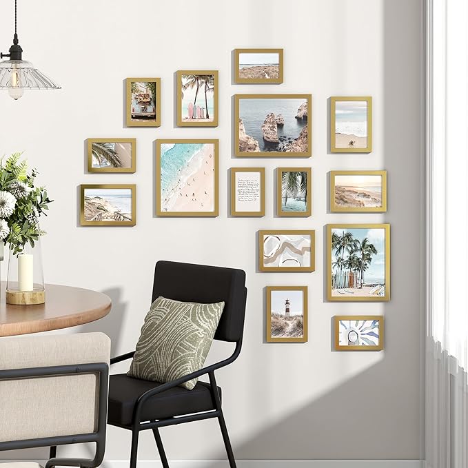 15 Pack Picture Frames Collage Wall Decor, Gallery Frame Set for Wall Mounting or Tabletop Display, Multi Sizes Including 3pcs 8x10, 6pcs 5x7, 6pcs 4x6, Gold