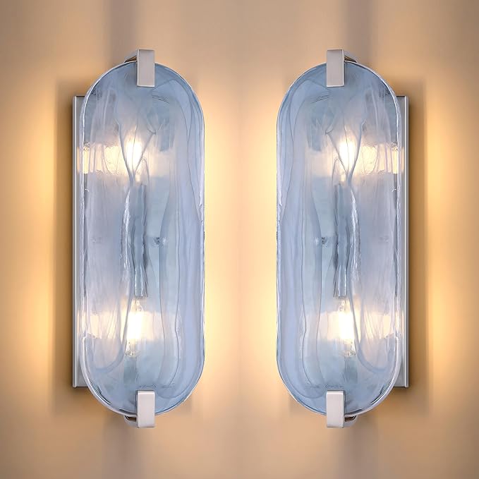 2 Pack 2 Light Oval Blue Glass Bathroom Wall Sconce Modern Concise Style Wall Light Fixture,Brushed Nickel Finish for Bedroom Hallway Bedside