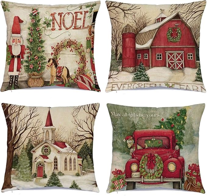 Hlonon Christmas Decorations Christmas Pillow Covers 16 x 16 Inches Set of 4 - Xmas Series Cushion Pillow Cover Custom Zippered Square Pillowcase