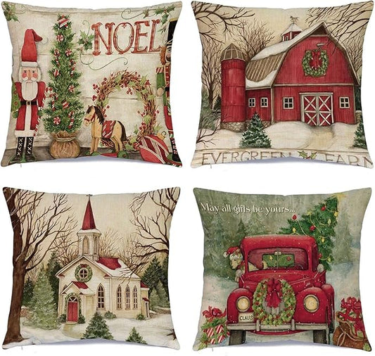 Hlonon Christmas Decorations Christmas Pillow Covers 16 x 16 Inches Set of 4 - Xmas Series Cushion Pillow Cover Custom Zippered Square Pillowcase