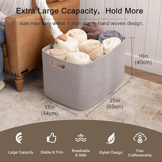 OIAHOMY 118L XXXLarge Cotton Rope Storage Basket, Oversized Blanket Basket, Used for Organizing Dirty Clothes in Living Room, Bedroom, Nursery, Dog Toy Storage Bins, 25" x 17" x 16",Grey