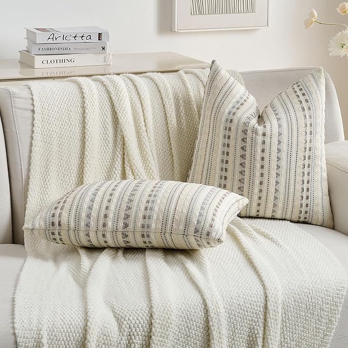 FUTEI Grey White Decorative Throw Pillow Covers 12x20 Inch Set of 2,Soft Cozy Chenille Jacquard Textured Pillow Case,Boho Home Decor for Couch Bed Living Room