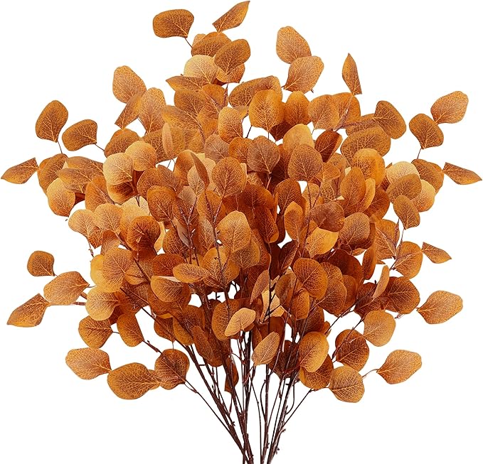 Sggvecsy 6 Pcs Fall Eucalyptus Leaves Artificial Eucalyptus Stems Long Silver Dollar Leaves Autumn Leaf Branches Fake Silk Eucalyptus for Christmas Home Autumn Festival Thanksgiving Decor(Orange)