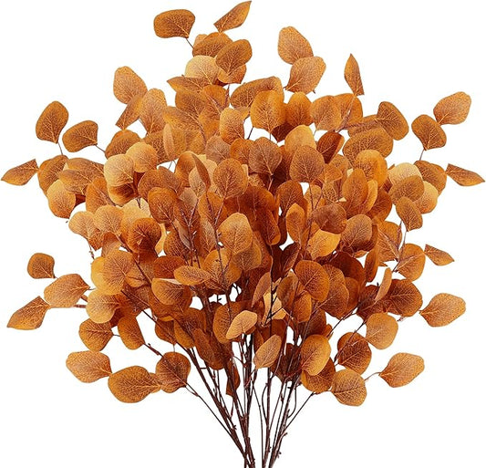 Sggvecsy 6 Pcs Fall Eucalyptus Leaves Artificial Eucalyptus Stems Long Silver Dollar Leaves Autumn Leaf Branches Fake Silk Eucalyptus for Christmas Home Autumn Festival Thanksgiving Decor(Orange)