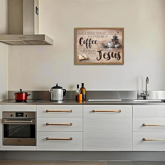 Wood Framed Christian Kitchen Wall Art, All I Need Today Coffee & Jesus Canvas Wall Decor Paintings, Coffee Motivational Posters Prints Pictures for Kitchen Bedroom Dining Room 12x16 Inch
