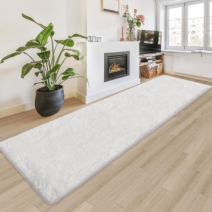 Runner Rug for Bedroom White 2x8ft Fluffy Area Rug Bedside Runner Rug for Kids Room Boys Teens Nursery Baby Living Room Dorm Home Decor Carpets