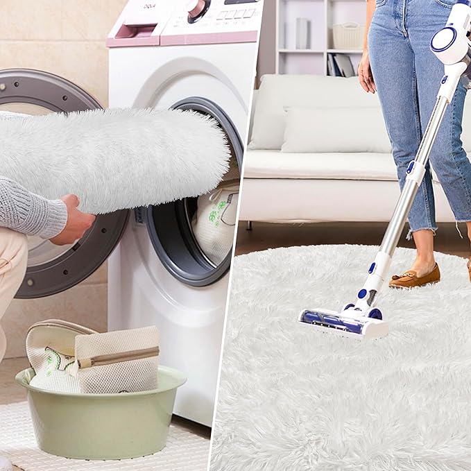 5x5 ft Tie Dye White Round Rug for Bedroom Room Fluffy Circle Rug Furry Carpet Shaggy Circular Fuzzy Washable Non-Slip Large Area Rug Soft Indoor for Living Room Cute Aesthetic Home Decor