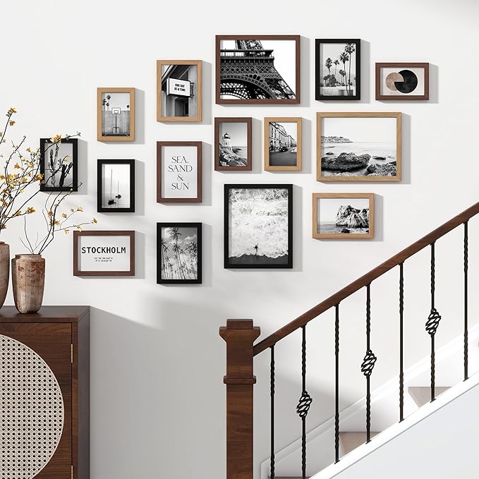 15 Pack Picture Frames Collage Wall Decor, Gallery Frame Set for Wall Mounting or Tabletop Display, Multi Sizes Including 3pcs 8x10, 6pcs 5x7, 6pcs 4x6, Black+Oak+Walnut