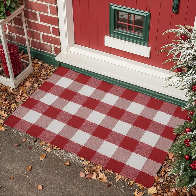 SEEKSEE Cotton Buffalo Plaid Rug 27.5"x43" Red and White Checked Rug Washable Doormats Indoor Outdoor Rugs for Layered Front Door Mats, Porch, Kitchen, Farmhouse, Entryway