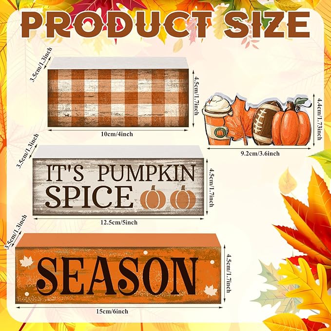 4 Pcs Fall Football Decorations for Home Fall Table Decor Thanksgiving Tiered Tray Decor Decorative Football Maple Leaves Pumpkins Block Signs Farmhouse Autumn Centerpiece for Home Kitchen