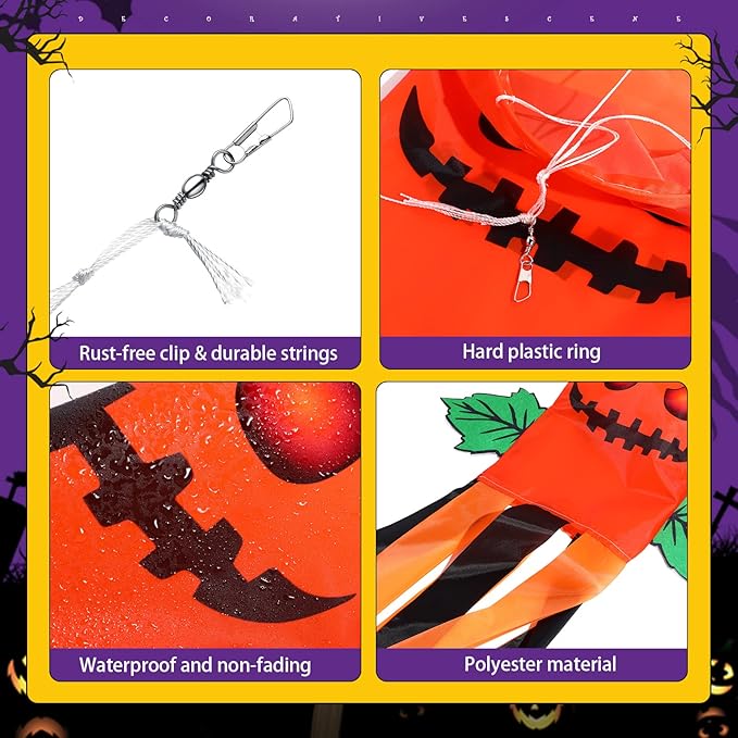 4 Pieces Halloween Windsock Flag 39 Inch Pumpkin Bat Ghost Spooky Cartoon Wind Socks Flag with LED Lights Outdoor Hanging Decoration for Home Yard Patio Lawn Garden Tree Party Decoration