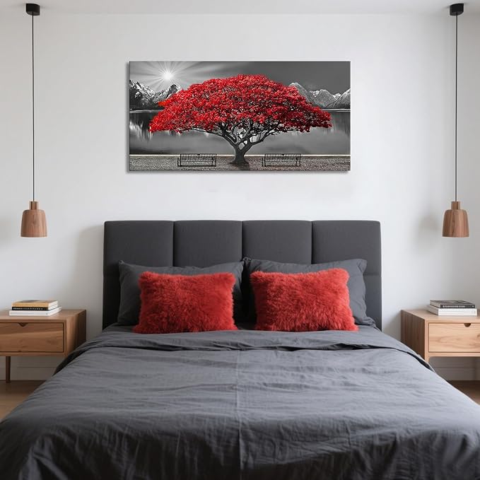 Black and White Red Tree Wall Art Canvas Print Picture Large Red Tree Landscape Modern Artwork for Living Room Bedroom Office Home Wall Decoration Decor With Frame 20x40in