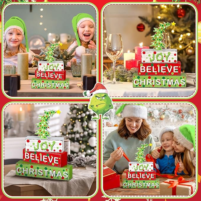 Geelin 4 Pcs Christmas Wooden Tabletop Decor Christmas Tree Tiered Tray Decor Xmas Red and Green Centerpiece Rustic Decorative Block Signs Gift Farmhouse Table Decoration for Home Kitchen