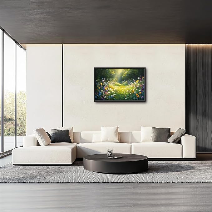 Green Forest Wall Art for Living Room, Large Green Canvas Wall Decor, Wildflowers Flowers Pictures Framed Painting, Landscape Artwork for Bedroom Office Home Decor 36L'' × 24W''