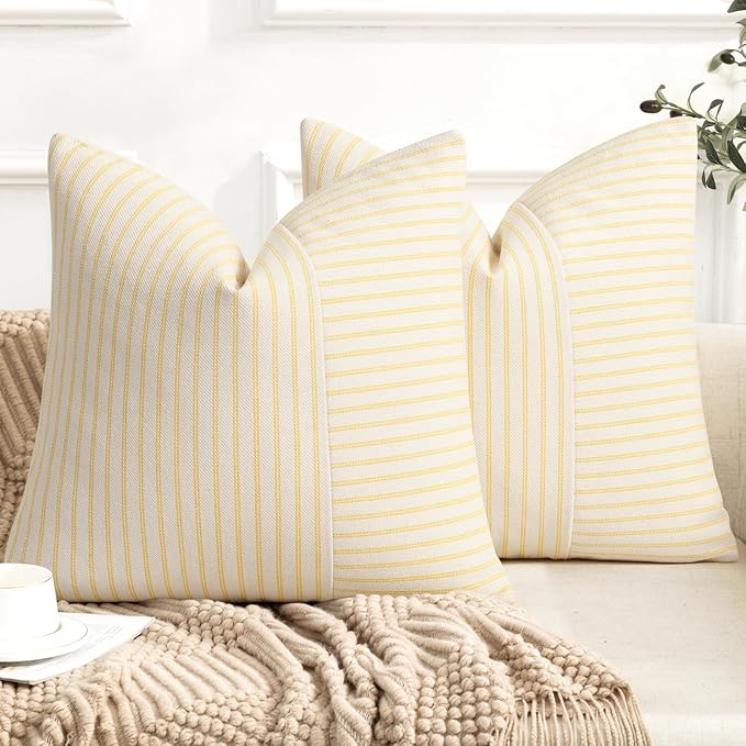 Farmhouse Pillow Covers 16x16, Modern Accent Square Throw Pillow Covers Set of 2, Yellow and Beige Striped Patchwork Linen Decorative Pillows Cushion Covers for Couch Chair