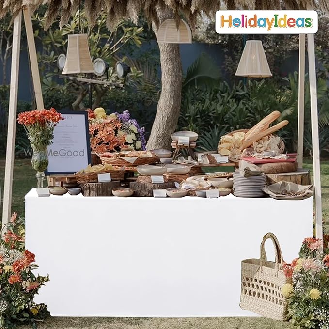 HolidayIdeas Open Back Fitted Tableclothss for 6 Foot Rectangle Table, Wrinkle Resistant Washable Table Covers 72x30 Inch for Craft Fairs, Banquets, Trade Show Display, White,4 Pcs