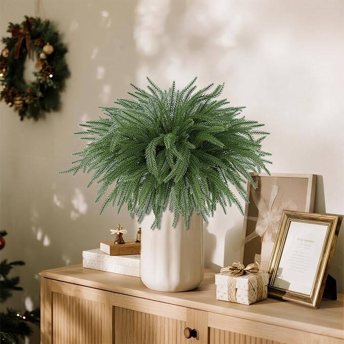 DR.DUDU 12 Pack Christmas Norfolk Pine Stems-18 Real Touch Artificial Christmas Greenery for DIY Wreaths, Garland & Holiday Decor, Xmas Tree Filler Branches for Vases, Mantel Tabletop Decorations