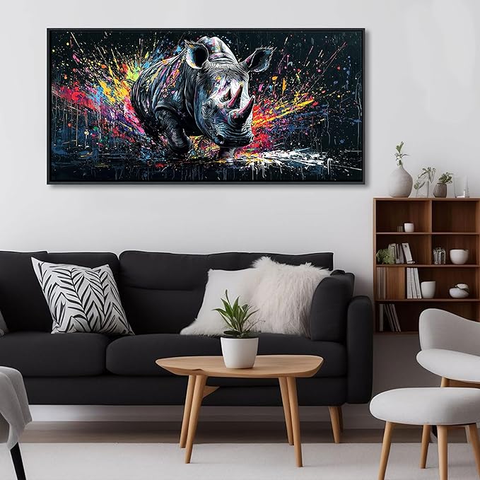 QZQCBLC Large Canvas Wall Art - Black and White Abstract Graffiti Pop Street Paintings Artwork Rhino Colorful Pictures for Living room Bedroom Bar Men's Teenager Game Room Modern Home Decor 24X48