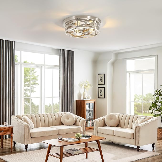 13 inch Brushed Nickel Flush Mount Ceiling Light Fixtures,3-Light Industrial Farmhouse Ceiling Light Fixture,Brushed Nickel Light Fixture Ceiling Mount for Kitchen Bedroom Living Room Hallway 1 Pack