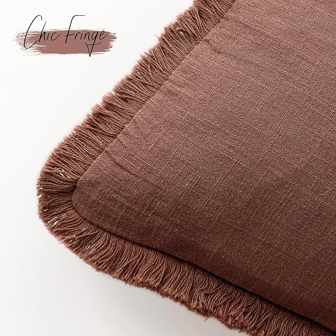 Foindtower Set of 2 Decorative Linen Fringe Throw Pillow Covers Cozy Boho Farmhouse Cushion Cover with Tassels Soft Accent Pillowcase for Couch Sofa Bed Living Room Home Decor,26×26 Inch,Rust Red