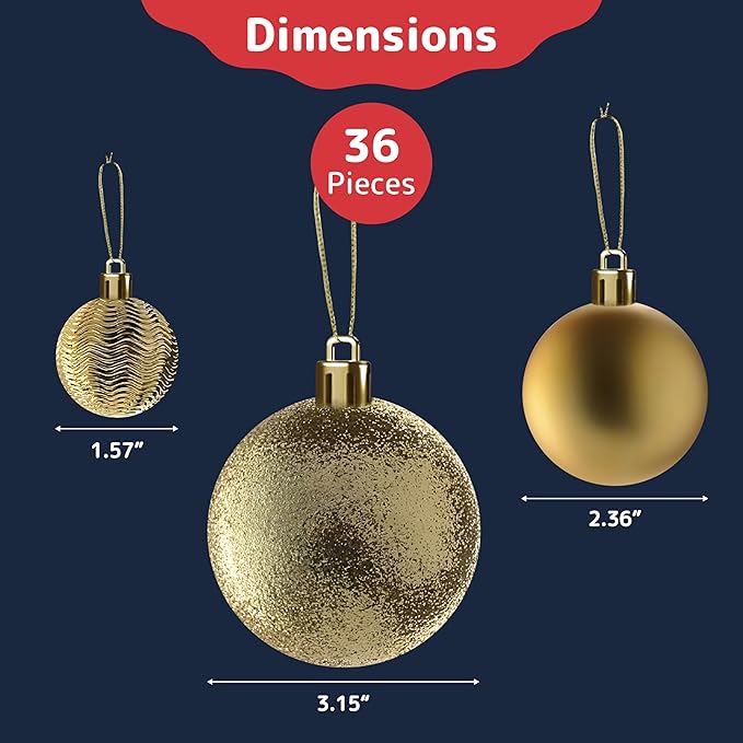 Prextex 36pc Shatterproof Gold Christmas Balls Ornament Set - Festive Christmas Tree Ornaments in 3 Different Sizes and 6 Styles - Holiday Decoration with Hanging Loops for Tree, Wreath, Party Decor