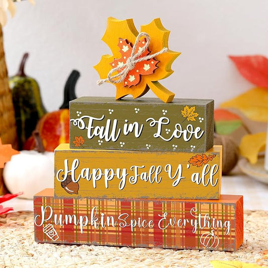 Geelin 4 Pcs Fall Decorations Autumn Wooden Sign Maple Leaves Thanksgiving Pumpkin Table Centerpiece Tiered Tray Decor Fall Wood Blocks Tiered Tray Decor Table Top Sign for Home