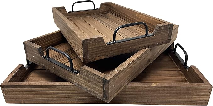 3 Piece Decorative Nested Vintage Wood Serving Tray Set for Coffee Table or Ottoman – Rustic Wooden Breakfast Trays for Kitchen, Dining Room, or Living Room – Farmhouse Platter w/Handles – Brown