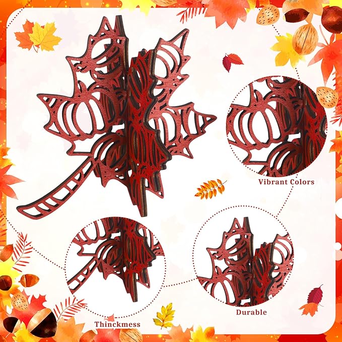 Soaoo 12 Pcs Fall Leaves Decorations Farmhouse 3D Thanksgiving Table Centerpiece Decor Wooden Maple Leaf Block Signs for Autumn Harvest Tiered Tray Party Shelf Display