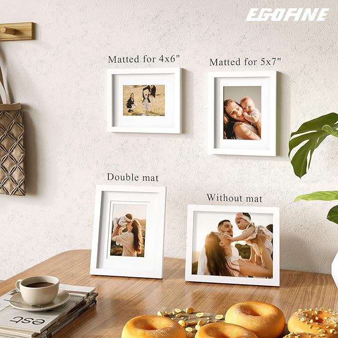 Egofine 8x10 Picture Frames Set of 4, Made of Solid Wood Covered by Plexiglass 4x6 and 5x7 with Mat or 8x10 without Mat, for Table Top Display and Wall Mounting Photo Frame White
