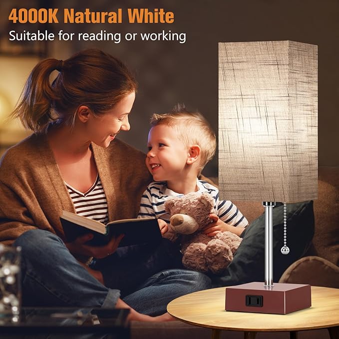 Bedside Table Lamp for Bedroom Nightstand, 3 Color Pull Chain Nightstand Lamps Set of 2 with AC Outlets, Square Gray Lampshade Bedside Lamp for Living Room, Office Desk, LED Bulb Included