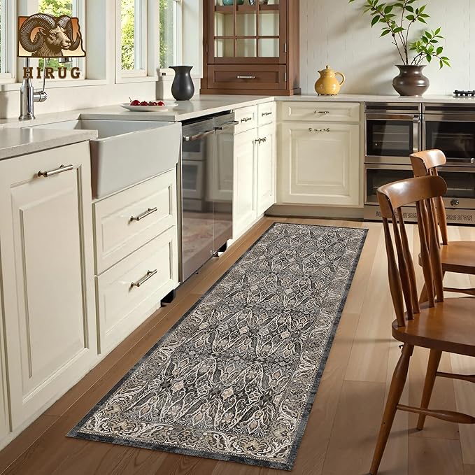 Washable Area Rug 2'6'' x 8' Vintage Traditional Persian Mat - Foldable Distressed Non-Slip Machine Washable Carpet for Living Room Bedroom Kitchen Home Decor - Ebony and Taupe