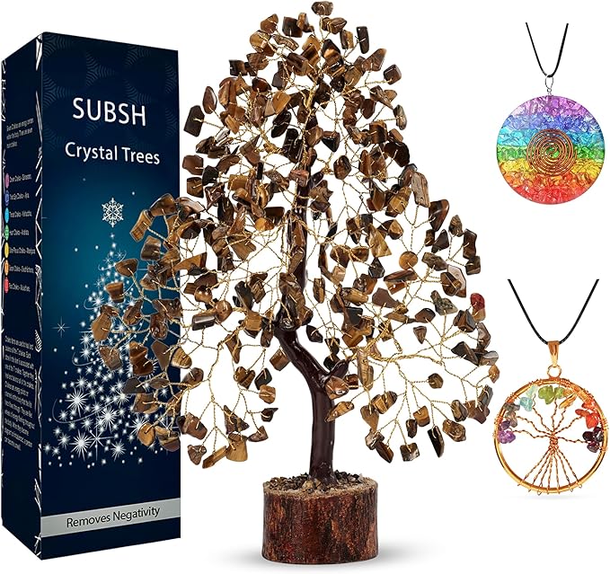 Tiger Eye Gemstone Tree, Crystal Tree, Home Decor, Birthday Gifts for Women, Office Desk Decor, Bonsai Trees for Positive Energy, Crystals & Healing Stones Fake Plants, Office Desk Accessories 10-12"