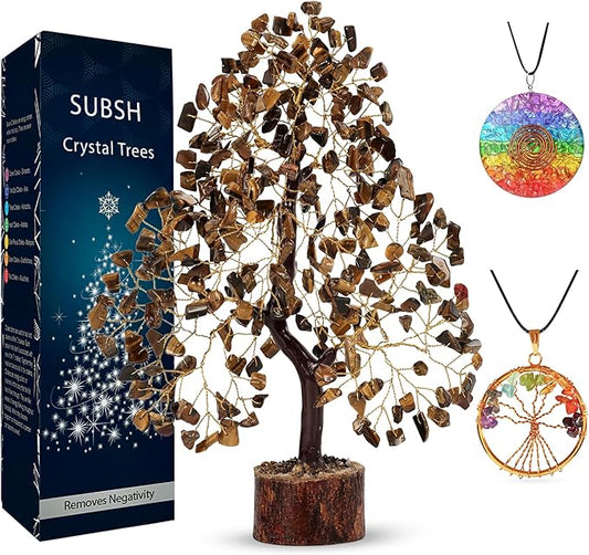 Tiger Eye Gemstone Tree, Crystal Tree, Home Decor, Birthday Gifts for Women, Office Desk Decor, Bonsai Trees for Positive Energy, Crystals & Healing Stones Fake Plants, Office Desk Accessories 10-12"