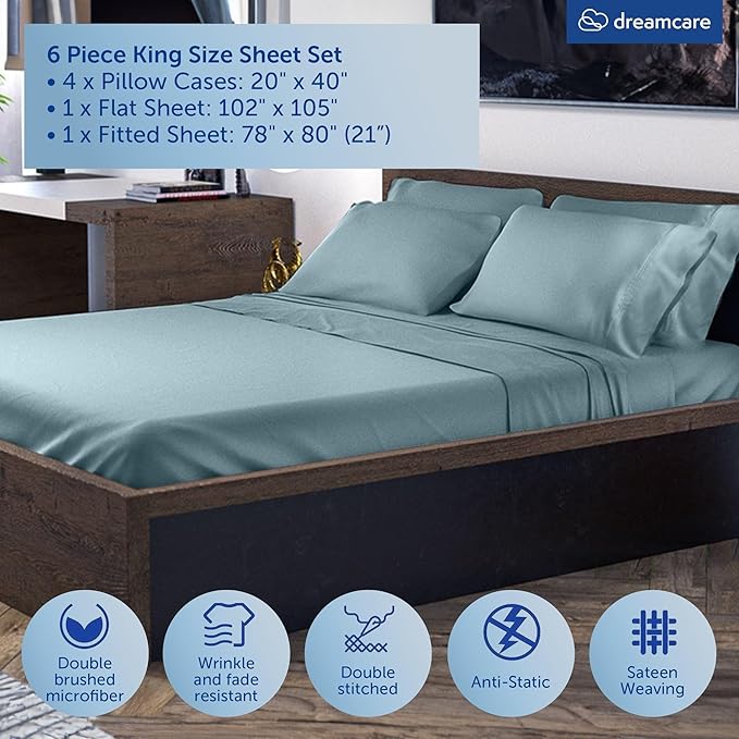DREAMCARE King Size Sheets Set – 6 pcs Cooling Bed Sheets – up to 21” Deep Pocket King Sheet Set – 2500 Supreme Collection – Extra Soft 100% Brushed Microfiber Hotel Luxury with Side Pocket – M Blue