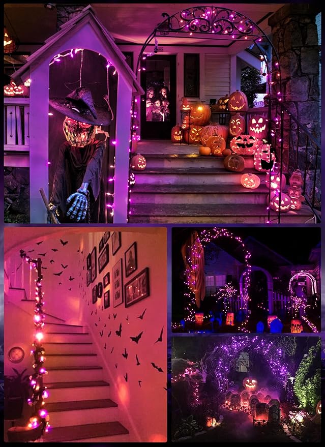 Halloween Orange Purple Outdoor Lights，17.8 Feet 50 LED Christmas Lights with 8 Modes，Waterproof Mini String Lights Battery Operated for Outdoor Indoor Use, Xmas Halloween Tree Holiday Party Patio