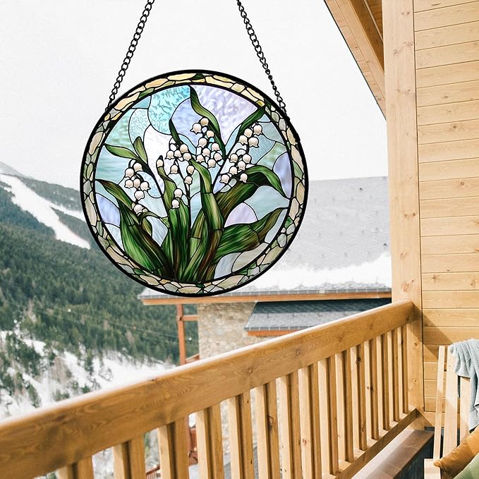 Stained Glass Window Hanging, White Green Lily of The Walley Flowers Sun Catcher for Door Home Decor Plants Suncatcher Christmas Mother's Day Birthday Gifts for Women Men Mom Nana 9.8 in