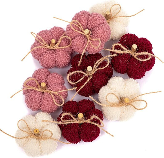 Fake Fall Pumpkin Decorations for Home, 9 Pcs Artificial Mini Fabric Pumpkins Autumn Decor, Fake Pumpkins for decorating, Fall Table Centerpiece Harvest Decor, Halloween, Thanksgiving, Burgundy & Pink