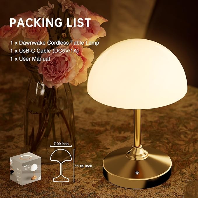 Mushroom Lamp Table Lamp Waterproof,Desk Cordless Battery Operated Lamps for Bedroom,Outdoor Cordless Rechargeable Bedside Lamps for Night Stands,5000mAh LED Night Light for Living Room(Gold)