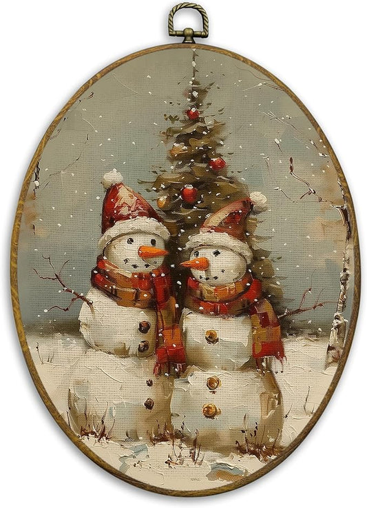 CUANFDDSF Vintage Christmas Snowman Oval Wall Art Decor, Farmhouse Rustic Winter Xmas Snowman Wall Hanging Decor, Retro Christmas Framed Canvas Prints for Home Bedroom Living Room, 8.6x11.4 Inch