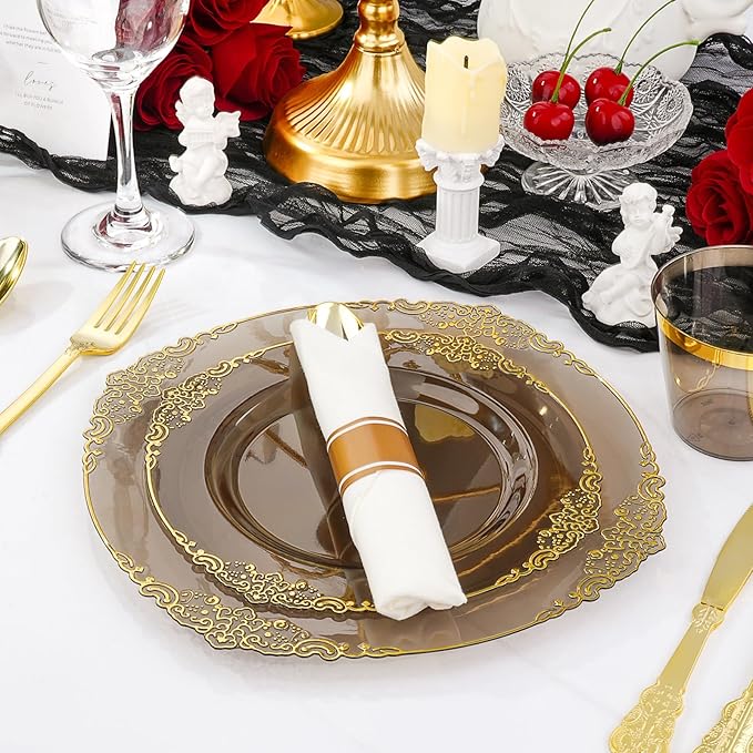 350 PCS Black and Gold Plastic Plates, Disposable Dinnerware Set for 50 Guests, 100 Disposable Plates, 150 Silverwares, 50 Cups, 50 Napkins for Wedding, Party, Graduation