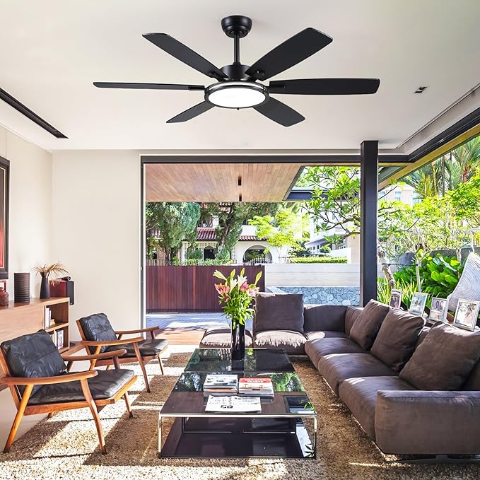 Ceiling Fans with Light, 52in Flush Mount Ceiling Fan with Light and Remote/App Control,Low Profile,Super Brigt LED,3CCT,Dimmable,Quiet DC Motor for Bedroom Kitchen Black