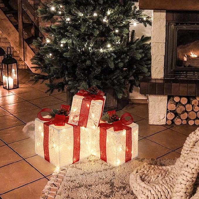 Christmas Lighted Gift Boxes with Lace Cloth, Pre-lit Lights Gift Boxes Set of 3, Light up Present Boxes Set Battery Operated with Different Sizes for Holiday Indoor Outdoor Decorations