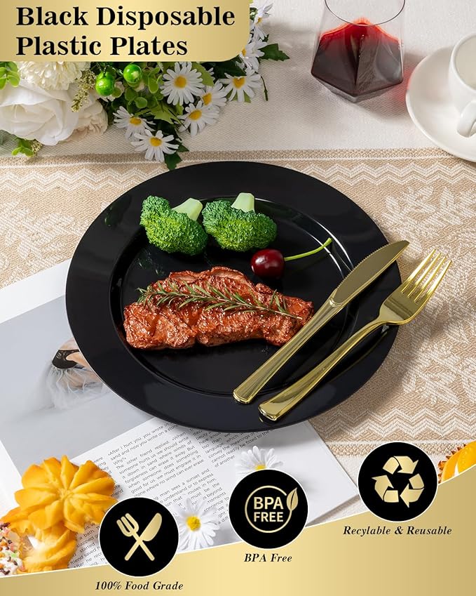 50PCS Black Plastic Plates, 10.25 Inch Disposable Dinner Plate Party, Heavy Duty Disposable Plastic Plates - Ideal for Halloween Parties, Wedding and Birthday, Everyday Meals Use