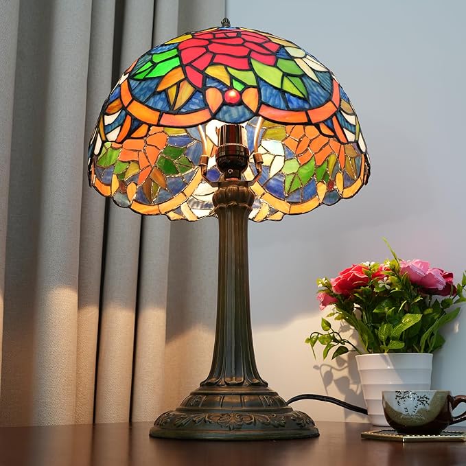 Tiffany Lamp 12 Inch Tiffany Style Red Rose Retro Bedside Lamp Stained Glass Table Lamp Suitable For Bedrooms Hotels Restaurants Dormitories Vintage Antiques Home Decoration Art And Craft Gifts