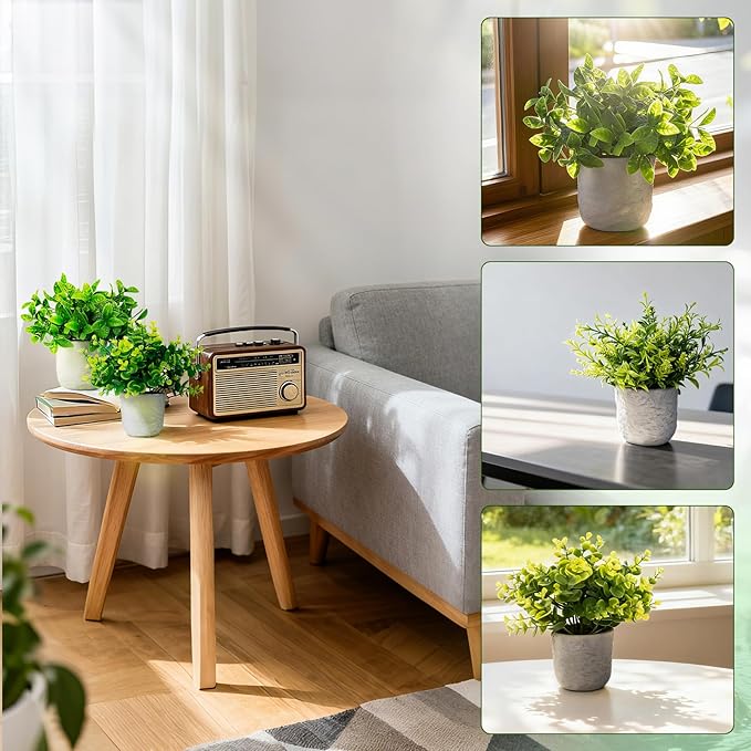 FGSAEOR Mini Potted Fake Plants, Small Artificial Greenery Realistic Plants Topiaries, Low Maintenance, for Home Office Shelf Desk Farmhouse Room Coffee Table Decor (3-Pack) (Green (Round Pot))
