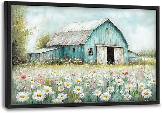 Farm Barn Large Wall Art for Living Room Framed, Farmhouse Wall Decor Pictures, Teal Barn Canvas Print Painting, Aesthetic Artwork Bedroom Office Home Decor 36"x24"