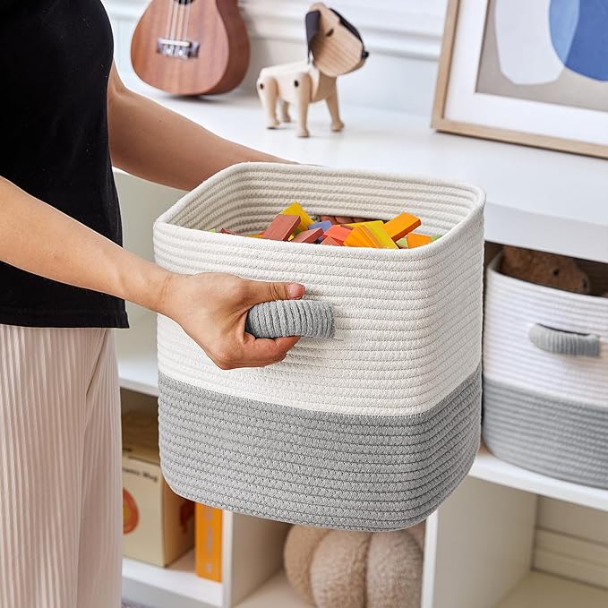 Storage Cube Baskets for Organizing- 3 Pack- 11 inch Square Baskets for Cube Storage, Closet Storage Bins- Woven Cube Storage Bins for Shelves- Ideal for Toy Storage |White & Grey