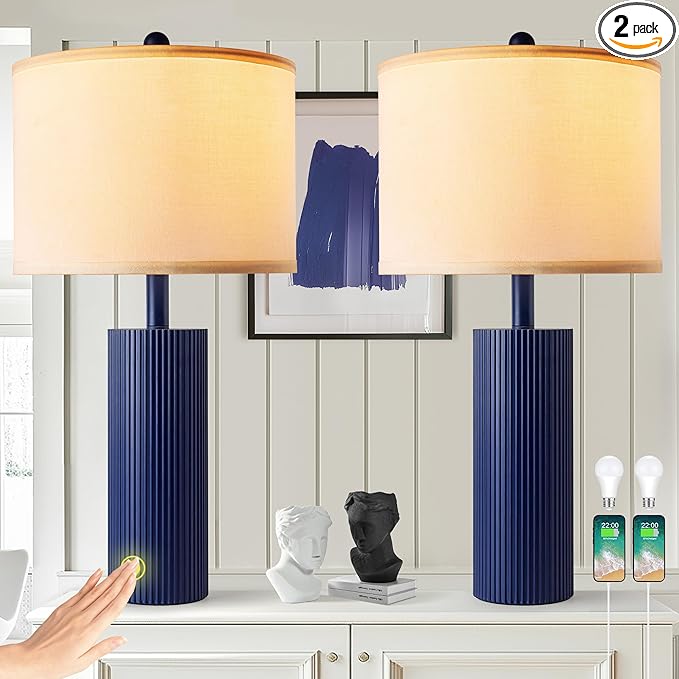 24.5" Blue Table Lamps Set of 2, Modern Living Room Touch Lamps with USB C+A Ports, 2 Bulbs Included, Table Light Fixture for Nightstand, Creative Stripe Bedside Lighting