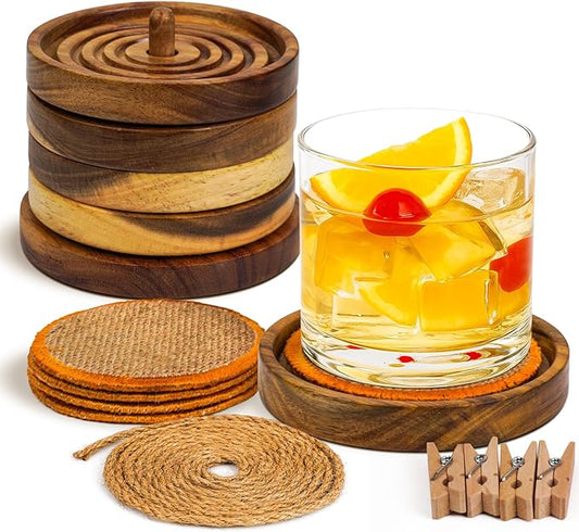 Wooden Coasters Set of 4 with Holder – 3.9" Acacia Drink Coasters with Water Groove & Non-Slip Base – Rustic Farmhouse Coffee Table Decor – Gift for Home, Bar, Wedding, Housewarming
