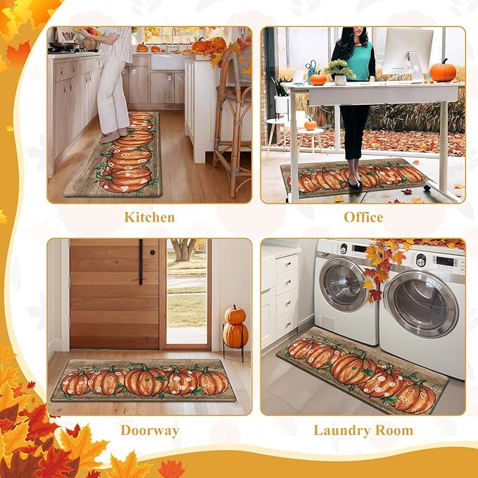 SHACOS Fall Anti Fatigue Kitchen Mats 2 Pcs Orange Pumpkins Wood Board Autumn Harvest Non Slip Cushioned Floor Mat for Kitchen Ergonomic Standing Mats Fall Decor, 17x27.5+17x47, Orange Pumpkins